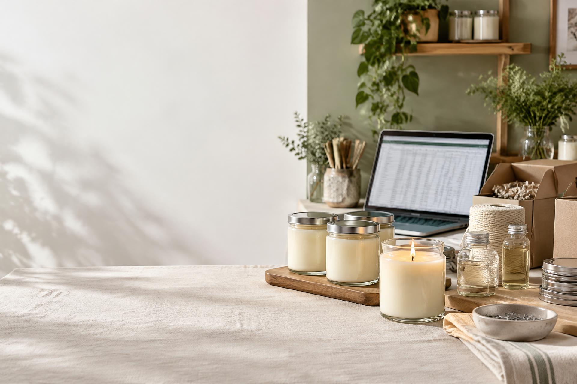 Velas artesanais em uma bancada organizada com materiais de produção e notebook